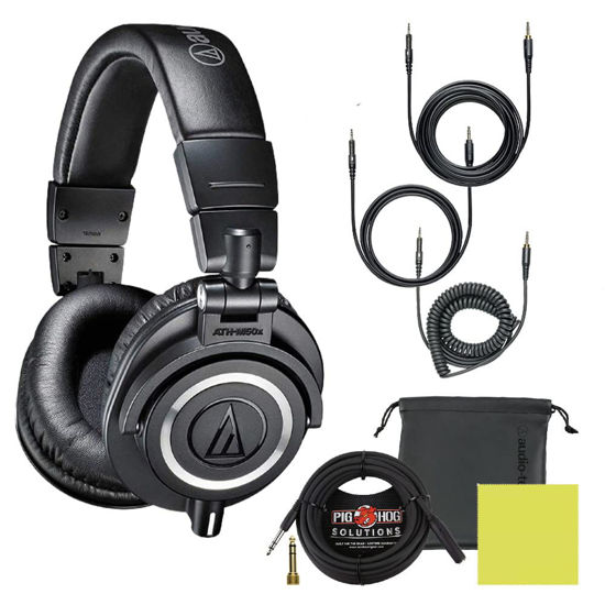 Picture of Audio Technica ATH-M50X Professional Studio Monitor Headphones Black, Bundle with Pig hog 10ft Extension Cable & Liquid Polishing Cloth with Detachable Cables