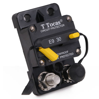 Picture of T Tocas 30 Amp 3/8" Stud Circuit Breaker with Manual Reset for Car Audio RV Marine Boat Truck Trolling Motors 12V - 72V DC, Waterproof (30A)