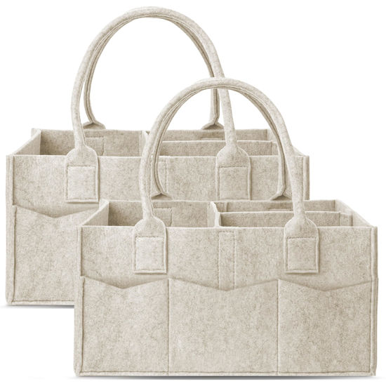 Picture of Cute Castle 2 Pack Diaper Caddy Organizer - Portable Baby Caddy Organizer with Handle, Nursery Storage Bin and Car Organizer for Girls, Boys - Baby Gift Basket - Oatmeal