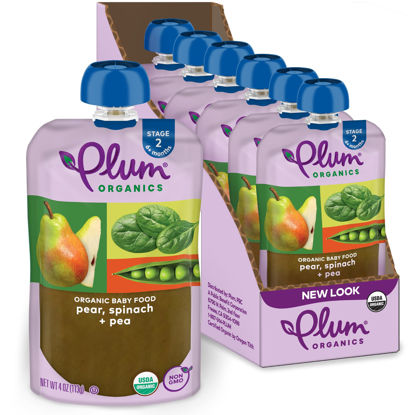 Picture of Plum Organics Stage 2 Organic Baby Food - Pear, Spinach, and Pea - 4 oz Pouch (Pack of 6) - Organic Fruit and Vegetable Baby Food Pouch