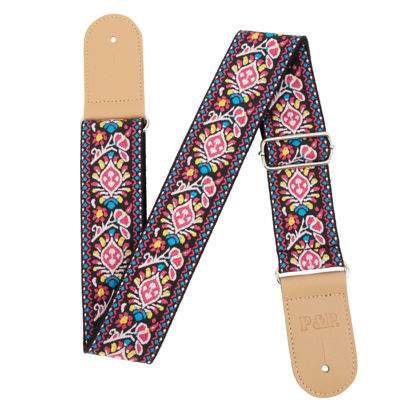 Picture of P&P Music Premium Embroidered Guitar Strap w/Locks & Picks - Adjustable, Comfortable, Durable. Fits Electric, Acoustic, Bass Guitars