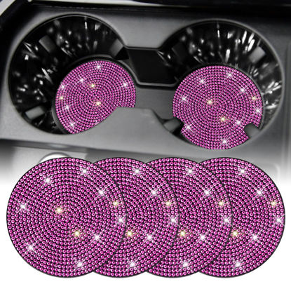Picture of SINGARO Bling Cup Holder Coasters for Car, 4PCS Universal Non-Slip Cup Holder, Embedded Decorative Coasters, Shiny Crystal Car Interior Accessories Gifts for Women (Pink)