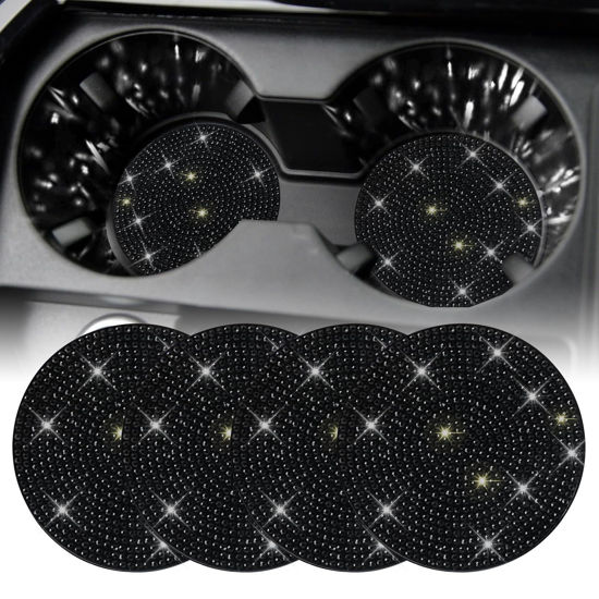 Picture of SINGARO Bling Cup Holder Coasters for Car, 4PCS Universal Non-Slip Cup Holder, Embedded Decorative Coasters, Shiny Crystal Car Interior Accessories Gifts for Women (Black)
