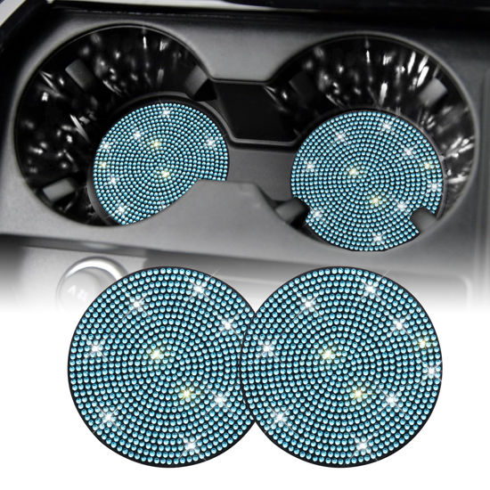 Picture of SINGARO Bling Cup Holder Coasters for Car, 2PCS Universal Non-Slip Cup Holder, Embedded Decorative Coasters, Shiny Crystal Car Interior Accessories Gifts for Women (Sky Blue)