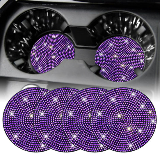Picture of SINGARO Bling Cup Holder Coasters for Car, 4PCS Universal Non-Slip Cup Holder, Embedded Decorative Coasters, Shiny Crystal Car Interior Accessories Gifts for Women (Purple)