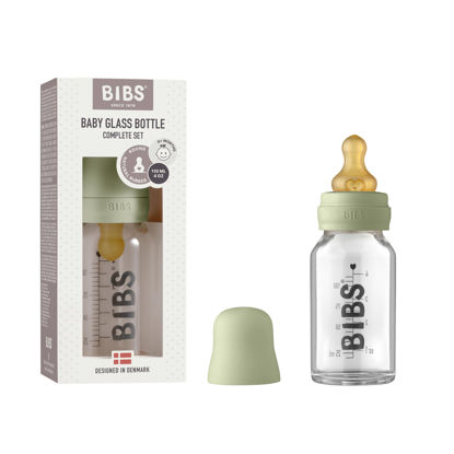 Picture of BIBS Baby Glass Bottle Complete Set 110 ml | BPA Free Natural Rubber | Made in Denmark | Sage