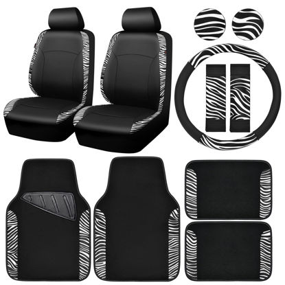 Picture of CAR PASS Zebra Faux Leather Car Seat Covers & Zebra Car Mats & Zebra Steering Wheel Cover Seat Belt Pads Universal Zebra Print Car Accessories for SUV,Van,Saden,Truck Cute Automobile Interior Sets