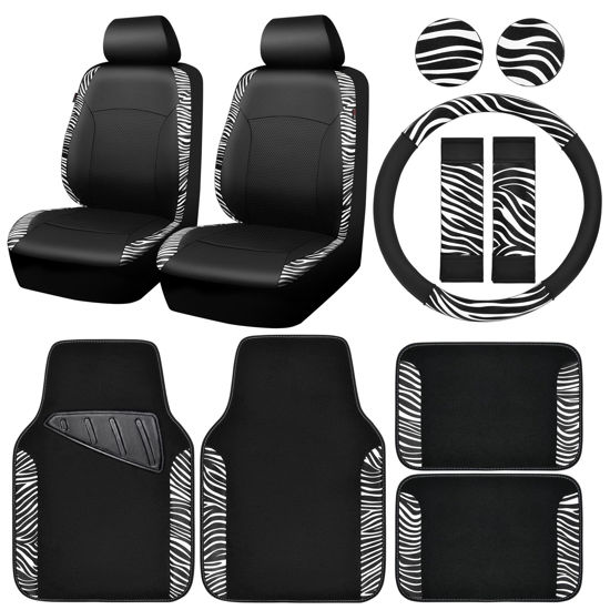 Picture of CAR PASS Zebra Faux Leather Car Seat Covers & Zebra Car Mats & Zebra Steering Wheel Cover Seat Belt Pads Universal Zebra Print Car Accessories for SUV,Van,Saden,Truck Cute Automobile Interior Sets