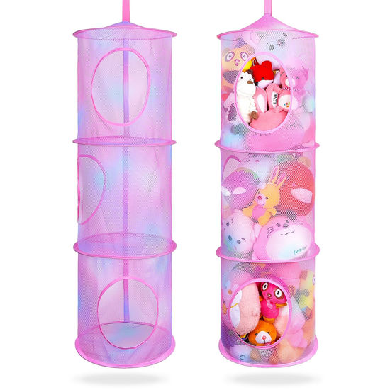 Picture of Basumee Stuffed Animals Net or Hammock 2 Pcs Stuffed Animals Storage Toy Net Hammock for Stuffed Animals Organizer Mesh Hammock Kids Girls Room Decor, Pink, 3 Tiers