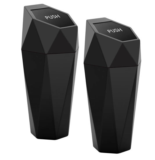 Picture of Ginsco Car Trash Can with Lid, 2 Pack Mini Car Cup Holder Trash Can, Car Garbage Can Car Accessories for Interior, Leakproof Small Car Trash Can, Mini Trash Can for Car, Home, Bedroom Office (Black)