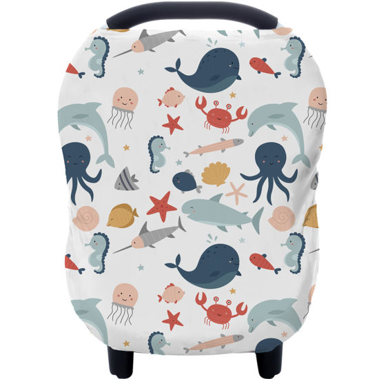 Picture of Carseat Cover Boy and Girls - Multi-use Nursing Car Seat Canopy Cover for Breastfeeding, Infant Stroller Cover, High Chair Cover (Cute Fish)