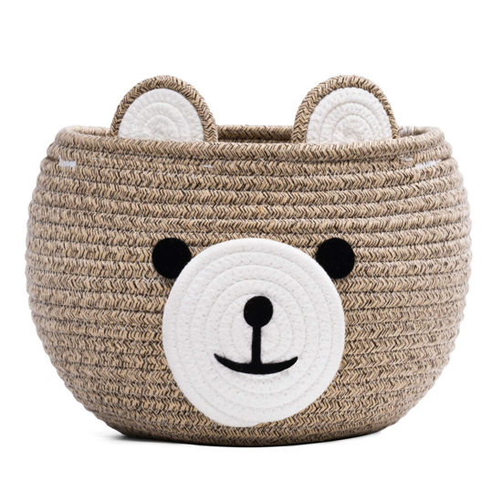 Picture of CherryNow Cotton Rope Basket Baby Basket for Nursery, Bear Gift Basket for Kids, Empty Baby Shower Basket with Handles, Small Cute Animal Basket, Light Brown, 10.5"D x 8.5"H