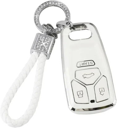 Picture of PIFOOG Key Fob Cover Accessories for Audi Bling Keychain 3 4 Buttons TPU Keys Case Protector Shell Soft White Silver for Audi Q5 Q7 A4 A5 RS5 SQ5 S4 S5 TT TTS Girly Women Cute