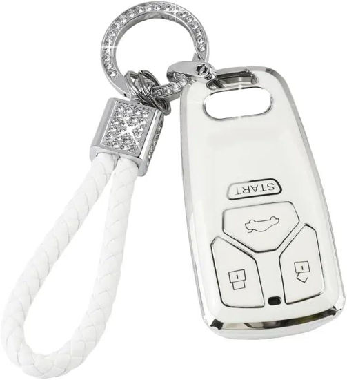 Picture of PIFOOG Key Fob Cover Accessories for Audi Bling Keychain 3 4 Buttons TPU Keys Case Protector Shell Soft White Silver for Audi Q5 Q7 A4 A5 RS5 SQ5 S4 S5 TT TTS Girly Women Cute