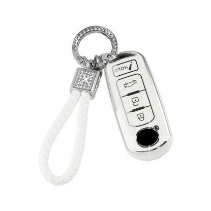 Picture of PIFOOG Key Fob Cover for Mazda TPU Soft Car Smart Keys Case Shell 4 Button Key Full Covers for Mazda 3 6 CX5 CX9 CX3 MX5 Bling Keychain Accessories Girly Women White Silver