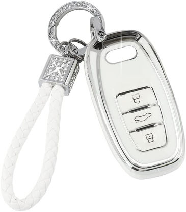Picture of PIFOOG Key Fob Cover for Audi 4 Buttons TPU Soft Keys Case Shell Bling Keychain Car Accessories for Audi Q5 A4 A5 A6 A7 A8 RS5 RS7 S4 S5 S6 S7 SQ5 Girly Women White Silver