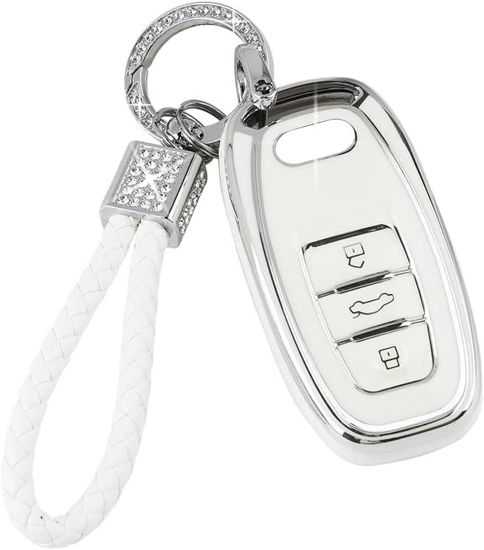 Picture of PIFOOG Key Fob Cover for Audi 4 Buttons TPU Soft Keys Case Shell Bling Keychain Car Accessories for Audi Q5 A4 A5 A6 A7 A8 RS5 RS7 S4 S5 S6 S7 SQ5 Girly Women White Silver