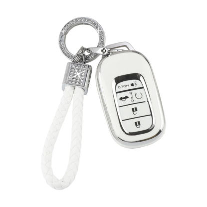 Picture of PIFOOG Car Key Cover for Honda Civic 2022 2023 Accessories TPU Soft Keys Fob Shell Case 5 - Button Car Smart Keyless Entry Covers Glittering Keychain White Silver Girly Women