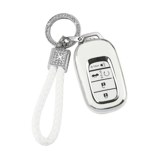 Picture of PIFOOG Car Key Cover for Honda Civic 2022 2023 Accessories TPU Soft Keys Fob Shell Case 5 - Button Car Smart Keyless Entry Covers Glittering Keychain White Silver Girly Women