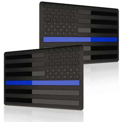 Picture of Embossed 3D Metal Thin Blue Line All Black American Flag Emblem Decal Stickers (1 Pair), Matte Black 5" x 3" Patriotic USA US Flag Decals for Car, Truck, Motorcycle Honoring Police Law Enforcement