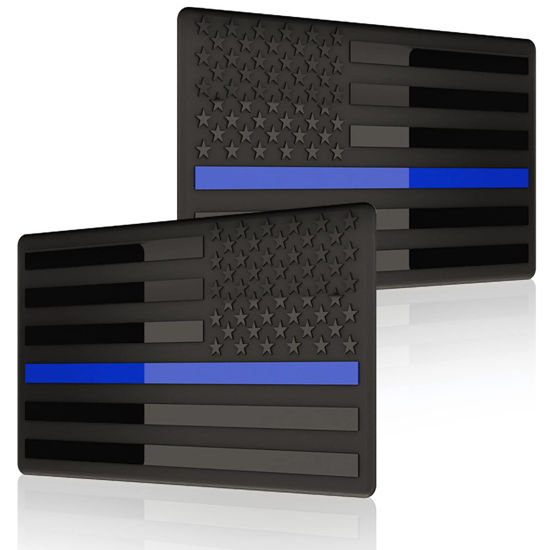Picture of Embossed 3D Metal Thin Blue Line All Black American Flag Emblem Decal Stickers (1 Pair), Matte Black 5" x 3" Patriotic USA US Flag Decals for Car, Truck, Motorcycle Honoring Police Law Enforcement