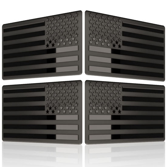 Picture of Embossed 3D Metal All Black American Flag Emblem Decal Stickers (2 Pairs), Matte Black 5" x 3" Patriotic USA US Flag Car Decals Bumper Stickers for Truck, Window, Motorcycle, Support US Military