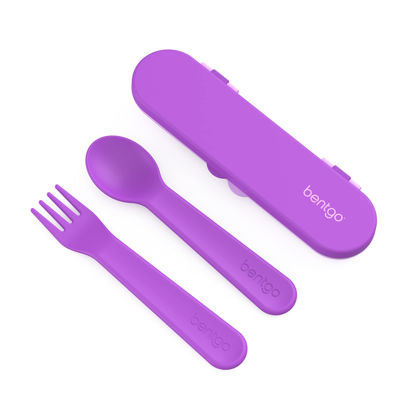 Picture of Bentgo Kids Utensil Set - Reusable Plastic Fork, Spoon & Storage Case - BPA-Free Materials, Easy-Grip Handles, Dishwasher Safe - Ideal for School Lunch, Travel, & Outdoors (Purple)