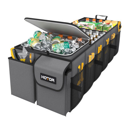 Picture of HOTOR Trunk Organizer for Car & SUV, Sturdy Car Organizer with Removable Car Cooler, Large Foldable Trunk Organizer with Cooler for Car, 3 Compartments, Adjustable Straps,Grey，30.90”×12.60“×10.63”