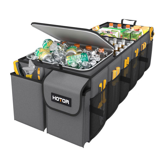 Picture of HOTOR Trunk Organizer for Car & SUV, Sturdy Car Organizer with Removable Car Cooler, Large Foldable Trunk Organizer with Cooler for Car, 3 Compartments, Adjustable Straps,Grey，30.90”×12.60“×10.63”