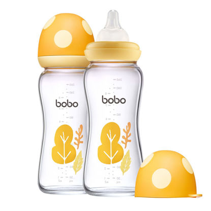 Picture of YOHKOH Natural Glass Baby Bottle with Natural Response Nipple, Newborn Anti-Colic Baby Bottles, Wide Neck Mushroom Cap Baby Bottle, Clear (8.8oz (Pack of 2), Yellow)
