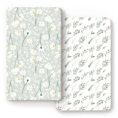 Picture of Stretchy Ultra Soft Jersey Knit Fitted Crib Sheets Set 2 Pack, Fit All Standard Crib Mattress Pads, Breathable Crib Sheet for Girls, Watercolor Daisy Flowers