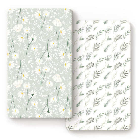 Picture of Stretchy Ultra Soft Jersey Knit Fitted Crib Sheets Set 2 Pack, Fit All Standard Crib Mattress Pads, Breathable Crib Sheet for Girls, Watercolor Daisy Flowers