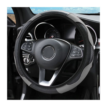 Picture of Car Steering Wheel Cover, 15 Inch PU Leather Carbon Fiber Elastic Stretch Without Inner Ring, Breathable Anti-Slip Auto Steering Wheel Protector for Women Men, Universal for Most Cars (Gray)