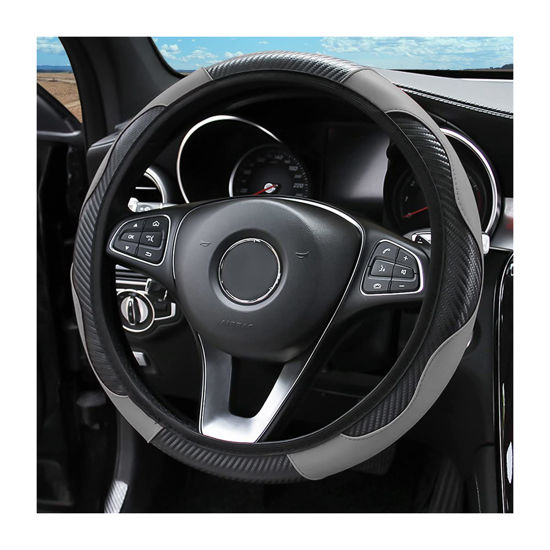 Picture of Car Steering Wheel Cover, 15 Inch PU Leather Carbon Fiber Elastic Stretch Without Inner Ring, Breathable Anti-Slip Auto Steering Wheel Protector for Women Men, Universal for Most Cars (Gray)