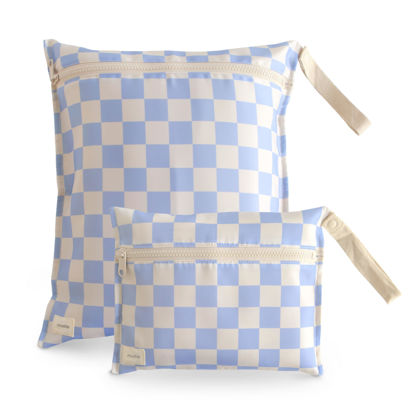 Picture of mushie Water Resistant Wet Bags | Large & Small Reusable Storage Bag for Baby Items and Travel | Zippered Pockets with Handle | Machine Washable, Set of 2 (Blue Check)