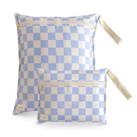 Picture of mushie Water Resistant Wet Bags | Large & Small Reusable Storage Bag for Baby Items and Travel | Zippered Pockets with Handle | Machine Washable, Set of 2 (Blue Check)