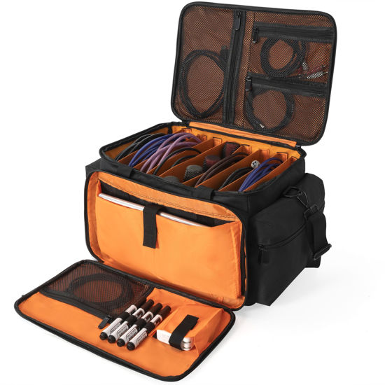 Picture of AKOZLIN Cable File Bag DJ Gig Bag Cord Organizer Case with Detachable Dividers for Laptop,DJ Gear, Sound Instrument and Music Equipment Accessories 16"x11"x10" Black Orange