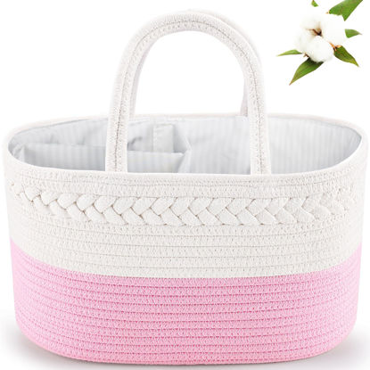 Picture of ABenkle Baby Diaper Caddy, Nursery Storage Bin and Car Organizer for Diapers and Baby Wipes, Cotton Rope Diaper Basket Caddy, Changing Table Diaper Storage Caddy Baby Gift Baskets -Bright Pink