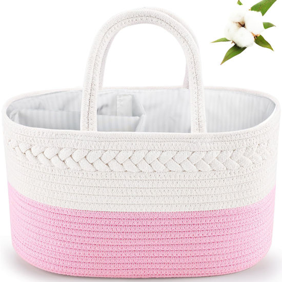 Picture of ABenkle Baby Diaper Caddy, Nursery Storage Bin and Car Organizer for Diapers and Baby Wipes, Cotton Rope Diaper Basket Caddy, Changing Table Diaper Storage Caddy Baby Gift Baskets -Bright Pink