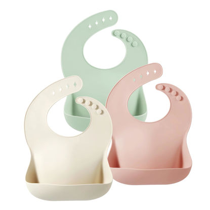 Picture of PandaEar Silicone Baby Bibs Set of 3 for Toddlers, BPA Free Waterproof Adjustable Feeding Bib with Large Pocket Food Catcher (Pink)