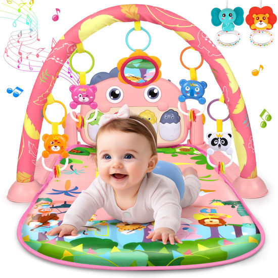 Picture of Baby Play Mat Baby Toys Tummy Time Mat Toys Baby Activity Center for Newborn Infant Toys Piano Baby Play Gym Mat Music & Light Baby Boy Girl Gifts Toys for Baby Toys 0-6 6-12 Months, Pink Dinosaur