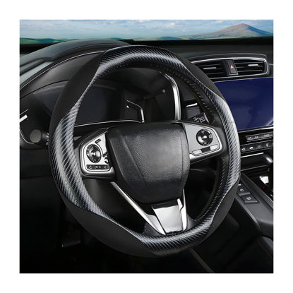 Picture of Steering Wheel Cover for Women and Men, Carbon Fiber Plush Steering Wheel Cover Soft Anti-Slip Comforting, Universal 15 Inches Steering Wheels Accessories (Carbon Fiber Black)