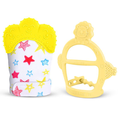 Picture of Vicloon Silicone Teething Mitt, 2Pcs Baby Teething Mitten, Baby Teething Toy with Adjustable Strap, Crinkle Sound and Textured, Baby Teething Mitten Self Soothing Baby Chew Toys for 0-6month Infants