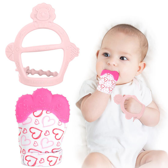 Picture of Vicloon Silicone Teething Mitt, 2Pcs Baby Teething Mitten, Baby Teething Toy with Adjustable Strap, Crinkle Sound and Textured, Baby Teething Mitten Self Soothing Baby Chew Toys for 0-6month Infant