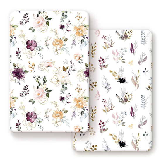 Picture of GRSSDER Stretchy Ultra Soft Jersey Knit Fitted Pack n Play Sheets Set 2 Pack,Fits Portable Playard/Mini Cribs Mattress Snug and Safe,Watercolor Purple Flora for Baby