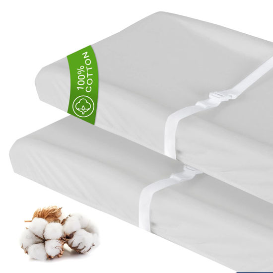 Picture of Changing Pad Covers Beige Grey for Boys Girls, Cotton 2 Pack Unisex Changing Table Pad Cover Cradle Sheet Soft and Breathable 16" x 32" for Standard Baby Changing Pads