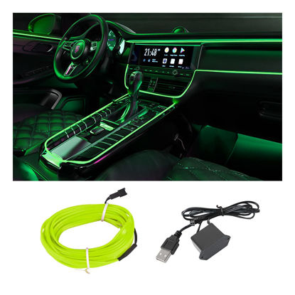 Picture of EL Wire Interior Car LED Strip Lights, USB Auto Neon Light Strip with Sewing Edge, 16FT Electroluminescent Car Ambient Lighting Kits with Fuse Protection, Car Decoration Accessories (Green/16FT)