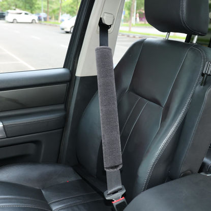 Picture of Amooca Soft Faux Fur Universal Fit Seatbelt Cover Car Truck SUV Airplane Seat Belt Shoulder Pad for Carmera Backpack Straps Neck Cushion Protector Extra Long 19.7in Dark Gray