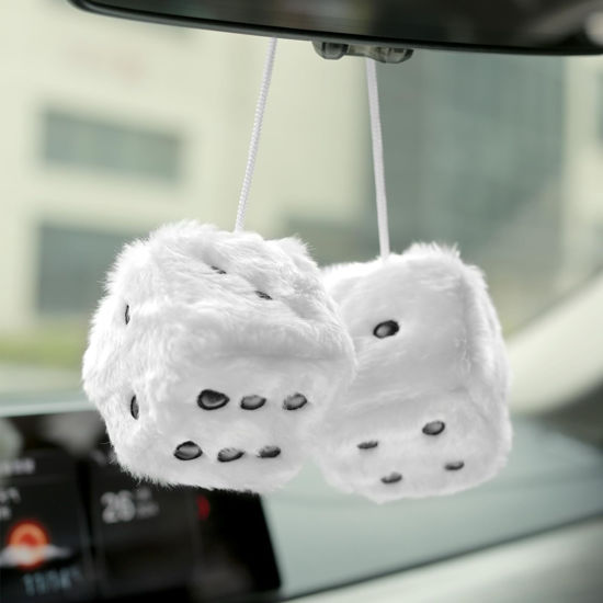 Picture of YGMONER Couple 2.75” Fuzzy Dice with Leather Dots Retro Car Mirror Hanging Accessories for Car Decoration (White)
