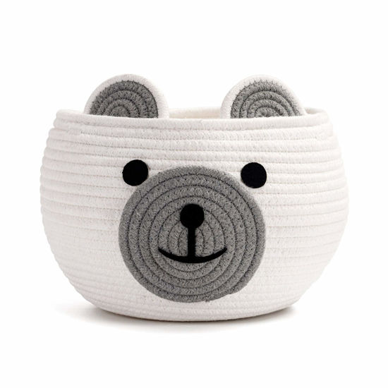 Picture of CherryNow Cotton Rope Basket Baby Basket for Nursery, Bear Gift Basket for Kids, Empty Baby Shower Basket with Handles, Small Cute Animal Basket, White, 10.5" D x 8.5" H